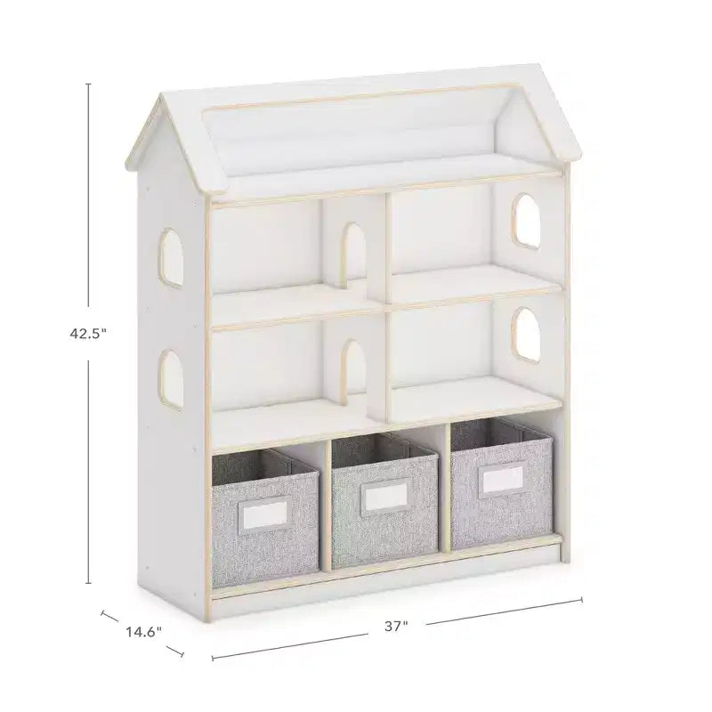 Libreria a Casetta per Bambole, Mobili in Legno per il Gioco di Imitazione dei Bambini con Contenitori per Giocattoli e Bambole