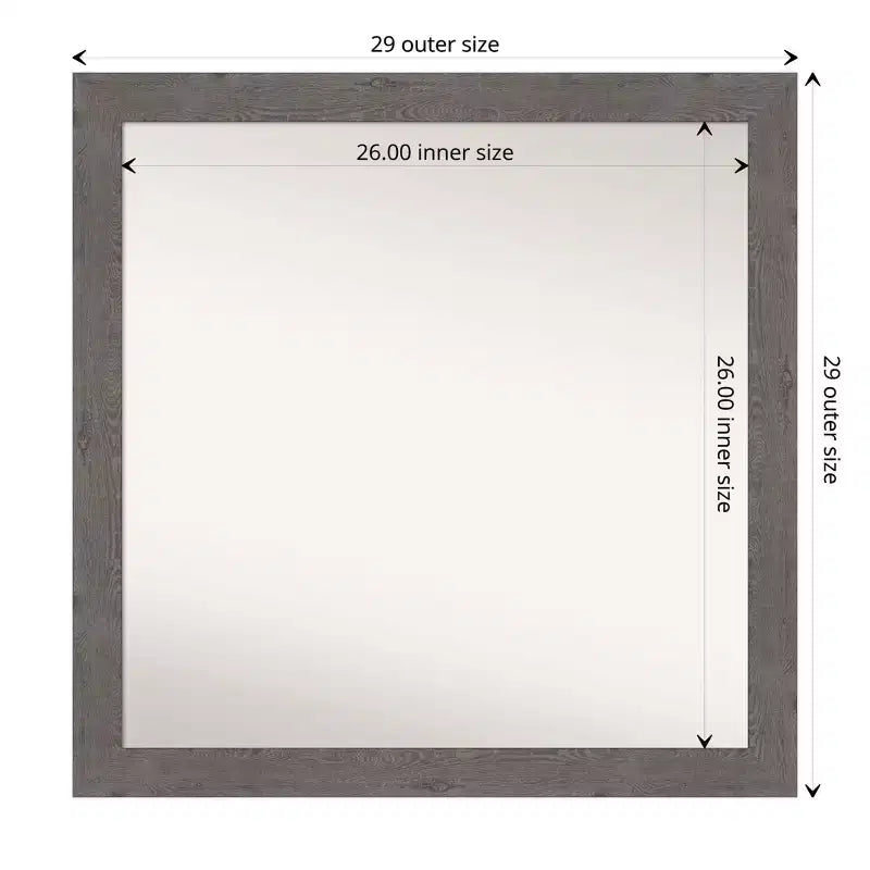 Specchio da Parete Quadrato 76x76 cm, non smussato, Stile Rustico, con Cornice Grigiastra, Stretto, per Bagno, da Appendere