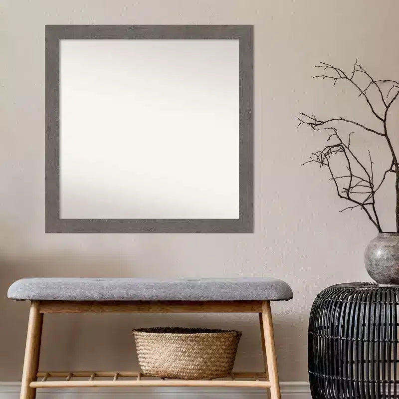 Specchio da Parete Quadrato 76x76 cm, non smussato, Stile Rustico, con Cornice Grigiastra, Stretto, per Bagno, da Appendere
