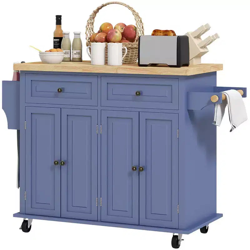 Carrello da Cucina con Isola su Ruote con Top in Legno di Gomma, Porta Spezie, Porta Asciugamani e Cassetti
