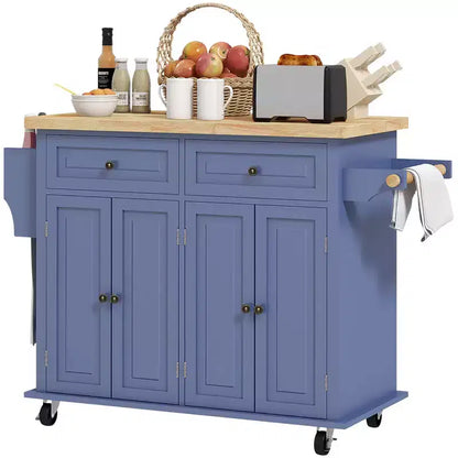 Carrello da Cucina con Isola su Ruote con Top in Legno di Gomma, Porta Spezie, Porta Asciugamani e Cassetti