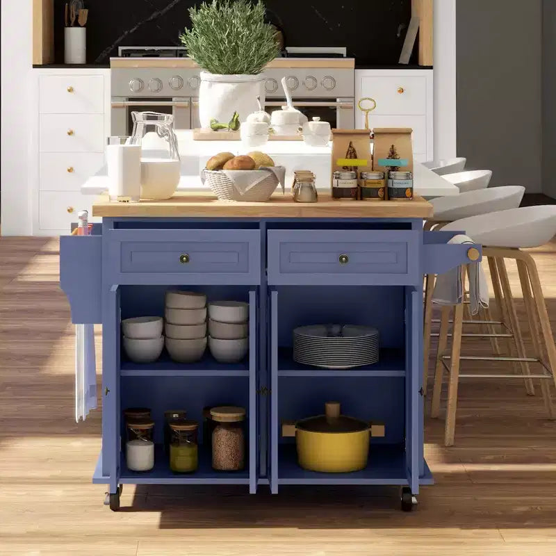 Carrello da Cucina con Isola su Ruote con Top in Legno di Gomma, Porta Spezie, Porta Asciugamani e Cassetti