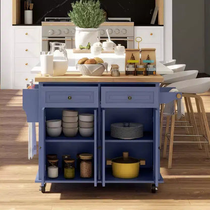 Carrello da Cucina con Isola su Ruote con Top in Legno di Gomma, Porta Spezie, Porta Asciugamani e Cassetti