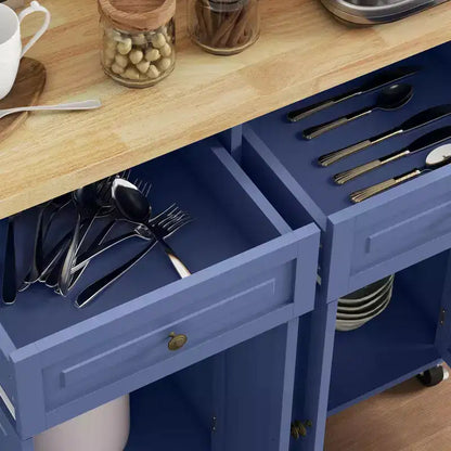 Carrello da Cucina con Isola su Ruote con Top in Legno di Gomma, Porta Spezie, Porta Asciugamani e Cassetti