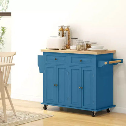 Carrello da Cucina con Isola su Ruote con Top in Legno di Gomma, Porta Spezie, Porta Asciugamani e Cassetti