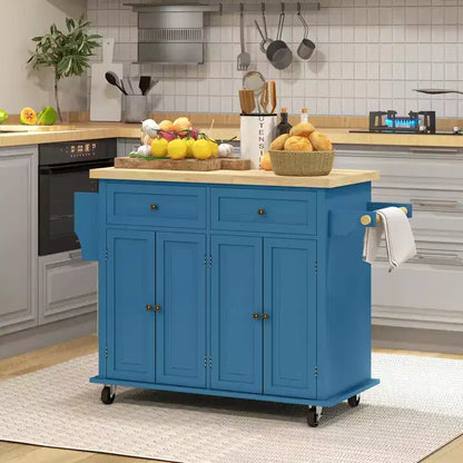 Carrello da Cucina con Isola su Ruote con Top in Legno di Gomma, Porta Spezie, Porta Asciugamani e Cassetti