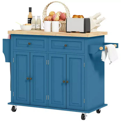 Carrello da Cucina con Isola su Ruote con Top in Legno di Gomma, Porta Spezie, Porta Asciugamani e Cassetti