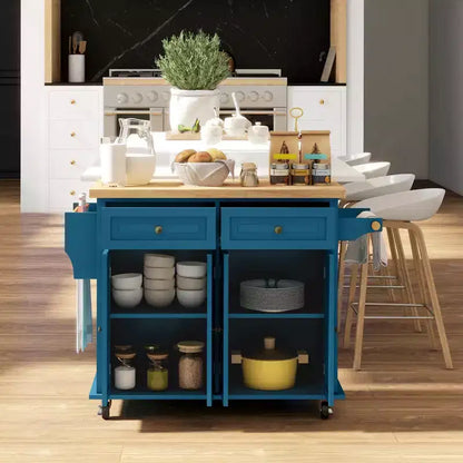 Carrello da Cucina con Isola su Ruote con Top in Legno di Gomma, Porta Spezie, Porta Asciugamani e Cassetti