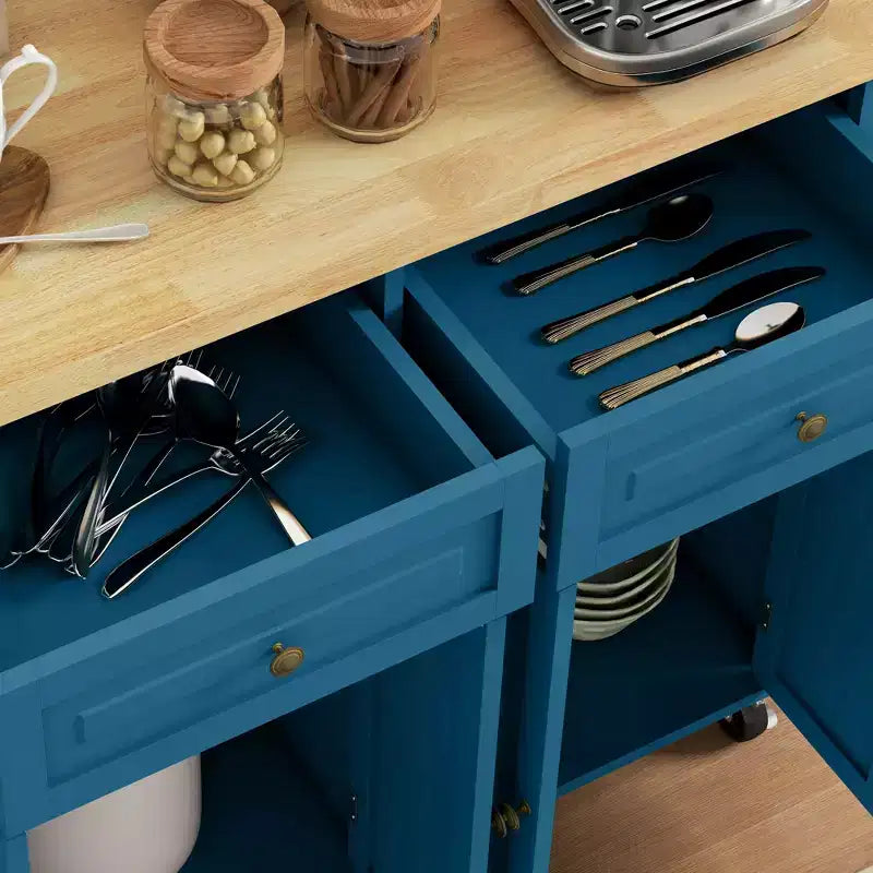 Carrello da Cucina con Isola su Ruote con Top in Legno di Gomma, Porta Spezie, Porta Asciugamani e Cassetti