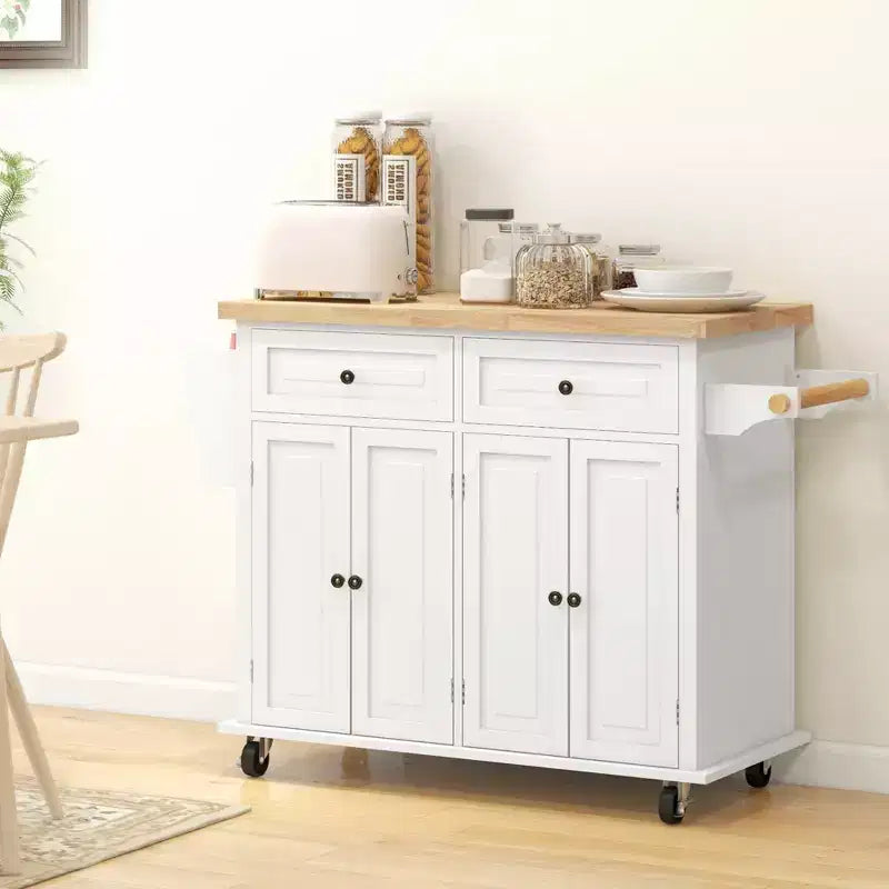 Carrello da Cucina con Isola su Ruote con Top in Legno di Gomma, Porta Spezie, Porta Asciugamani e Cassetti