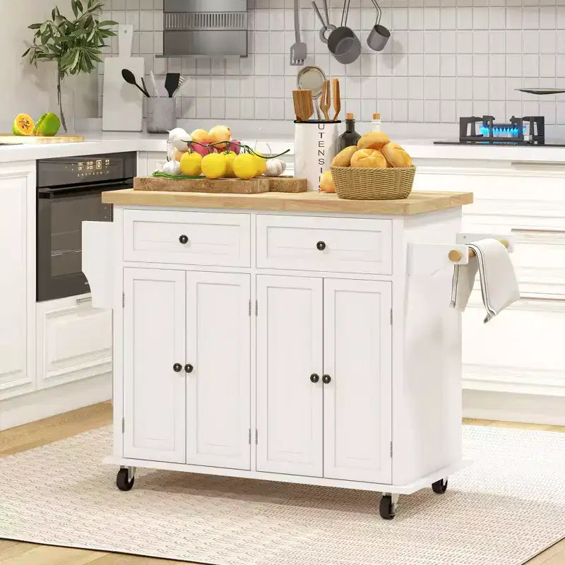 Carrello da Cucina con Isola su Ruote con Top in Legno di Gomma, Porta Spezie, Porta Asciugamani e Cassetti