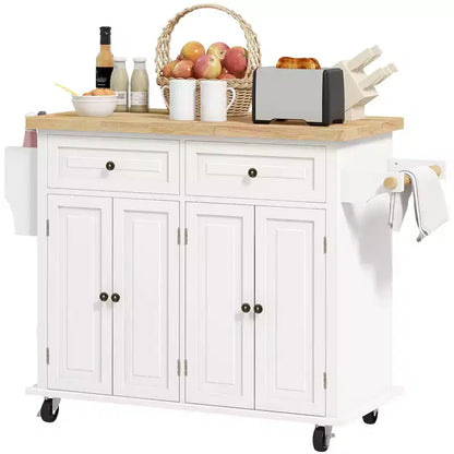 Carrello da Cucina con Isola su Ruote con Top in Legno di Gomma, Porta Spezie, Porta Asciugamani e Cassetti