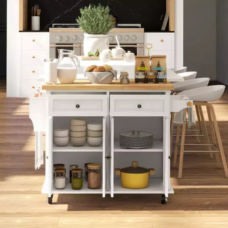 Carrello da Cucina con Isola su Ruote con Top in Legno di Gomma, Porta Spezie, Porta Asciugamani e Cassetti