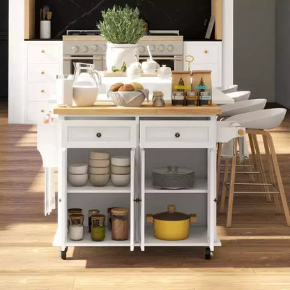 Carrello da Cucina con Isola su Ruote con Top in Legno di Gomma, Porta Spezie, Porta Asciugamani e Cassetti