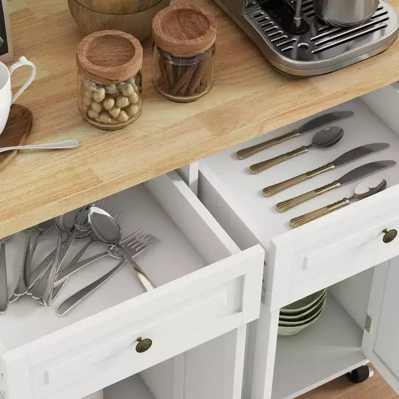 Carrello da Cucina con Isola su Ruote con Top in Legno di Gomma, Porta Spezie, Porta Asciugamani e Cassetti