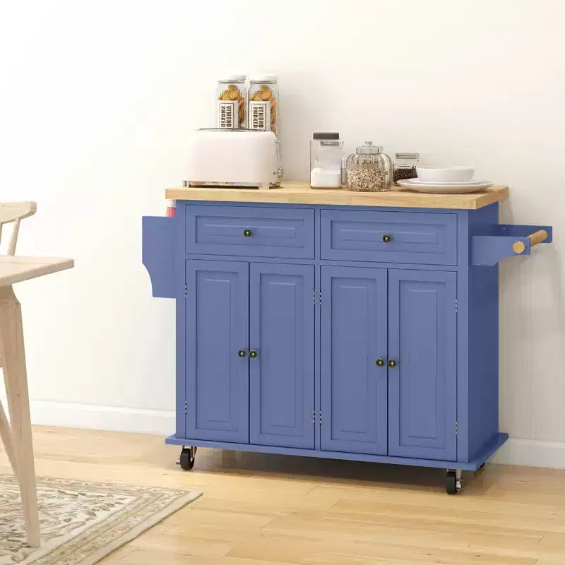 Carrello da Cucina con Isola su Ruote con Top in Legno di Gomma, Porta Spezie, Porta Asciugamani e Cassetti