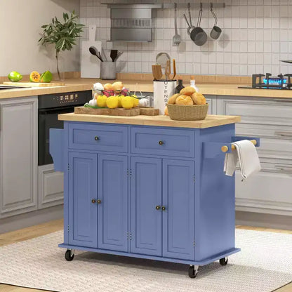 Carrello da Cucina con Isola su Ruote con Top in Legno di Gomma, Porta Spezie, Porta Asciugamani e Cassetti