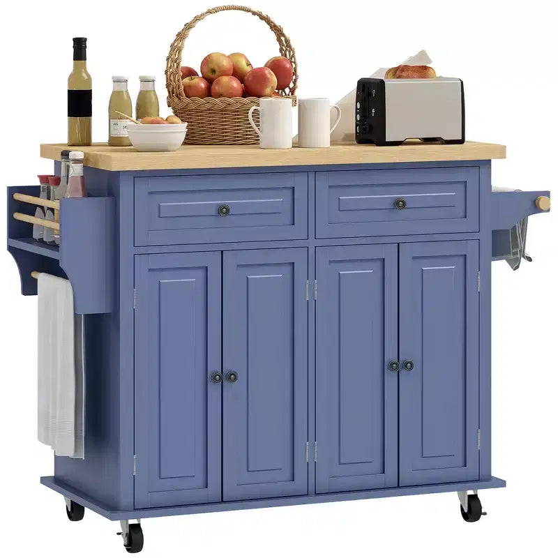 Carrello da Cucina con Isola su Ruote con Top in Legno di Gomma, Porta Spezie, Porta Asciugamani e Cassetti