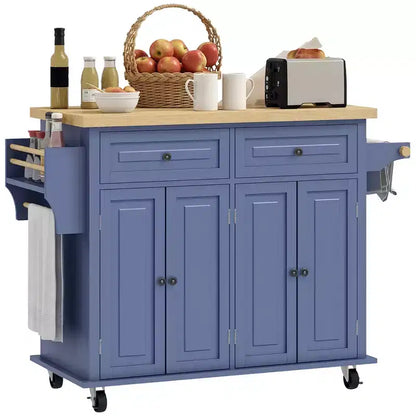 Carrello da Cucina con Isola su Ruote con Top in Legno di Gomma, Porta Spezie, Porta Asciugamani e Cassetti