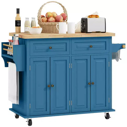 Carrello da Cucina con Isola su Ruote con Top in Legno di Gomma, Porta Spezie, Porta Asciugamani e Cassetti