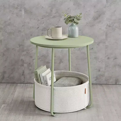 Tavolino Piccolo con Contenitore, Tavolini Rotondi da Salotto, Tavolini da Affiancare per Piccoli Spazi, Camera da Letto, Verde Alloro e Bianco Crema