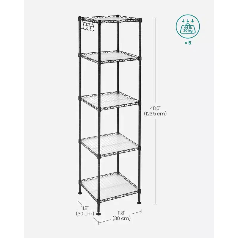 Scaffale da Bagno a 5 Ripiani con Rivestimenti in PP, Ganci Rimovibili e Design Estensibile