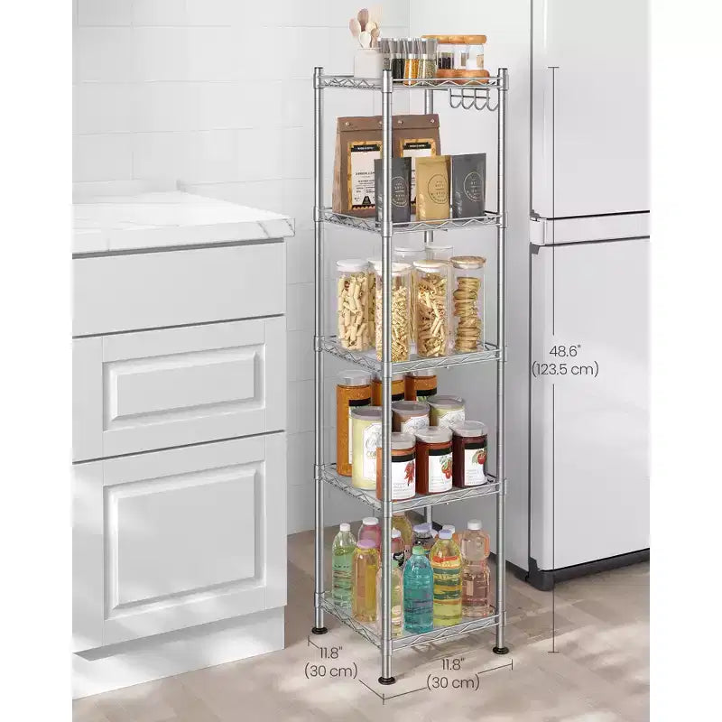 Scaffale da Bagno a 5 Ripiani con Rivestimenti in PP, Ganci Rimovibili e Design Estensibile