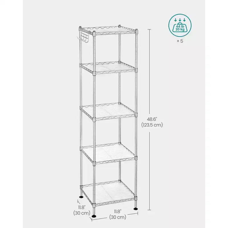 Scaffale da Bagno a 5 Ripiani con Rivestimenti in PP, Ganci Rimovibili e Design Estensibile