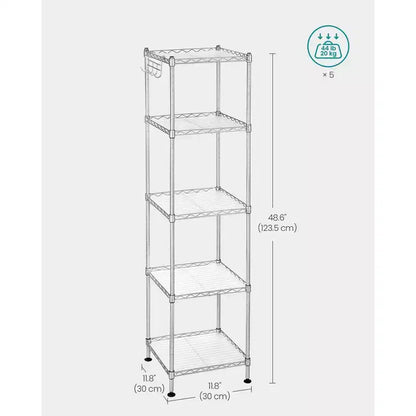 Scaffale da Bagno a 5 Ripiani con Rivestimenti in PP, Ganci Rimovibili e Design Estensibile