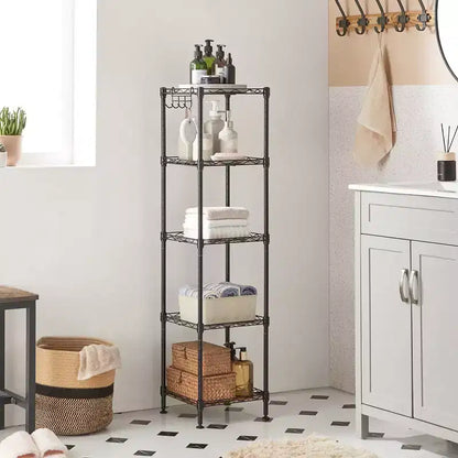 Scaffale da Bagno a 5 Ripiani con Rivestimenti in PP, Ganci Rimovibili e Design Estensibile