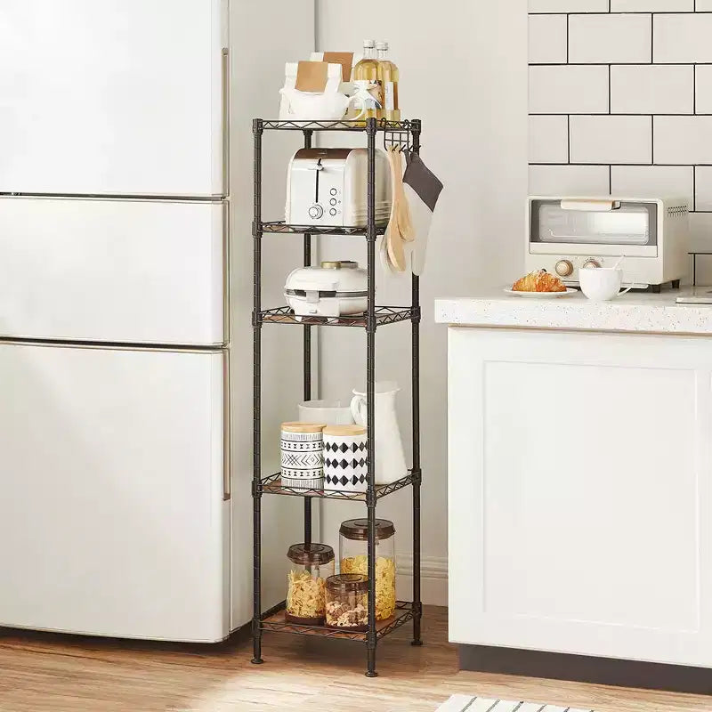 Scaffale da Bagno a 5 Ripiani con Rivestimenti in PP, Ganci Rimovibili e Design Estensibile
