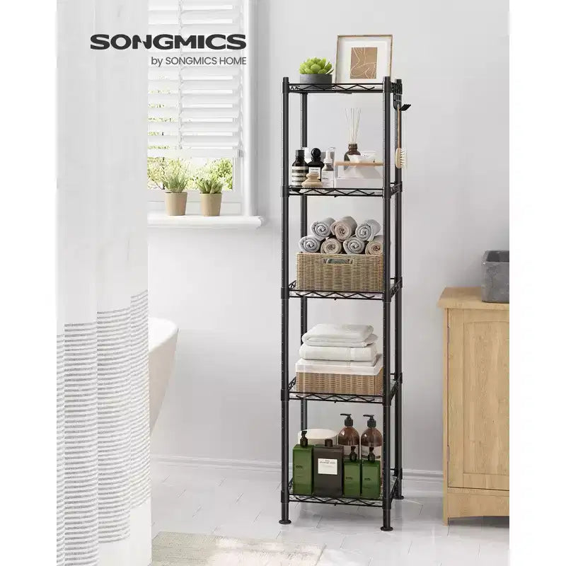Scaffale da Bagno a 5 Ripiani con Rivestimenti in PP, Ganci Rimovibili e Design Estensibile