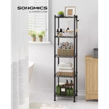 Scaffale da Bagno a 5 Ripiani con Rivestimenti in PP, Ganci Rimovibili e Design Estensibile