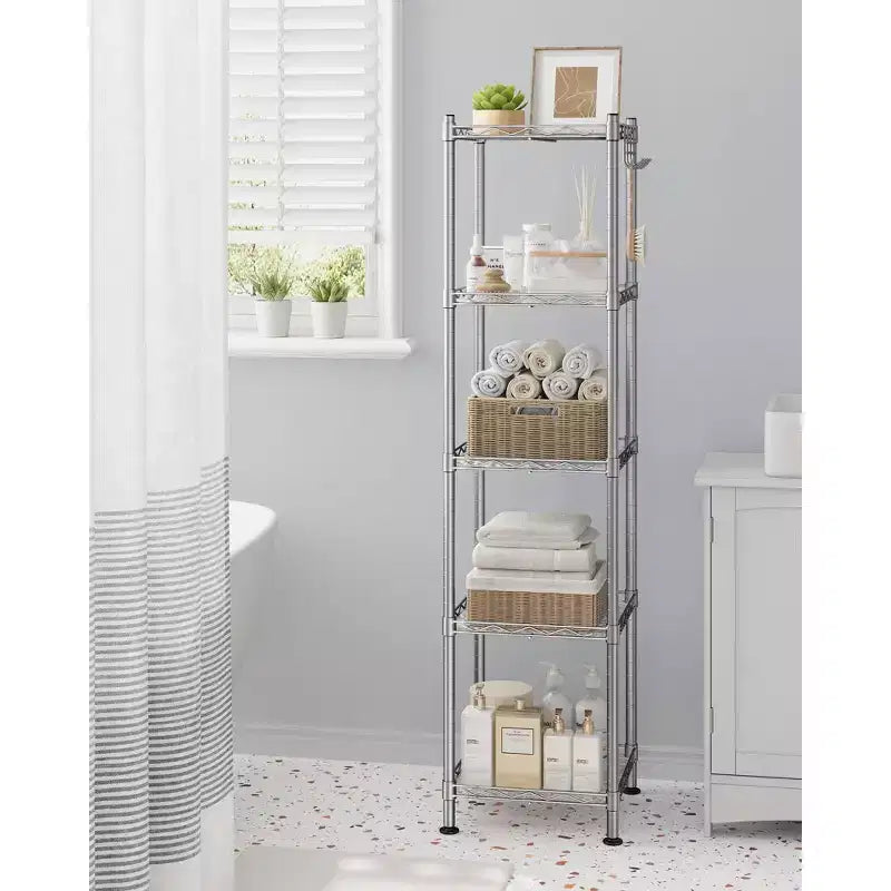 Scaffale da Bagno a 5 Ripiani con Rivestimenti in PP, Ganci Rimovibili e Design Estensibile