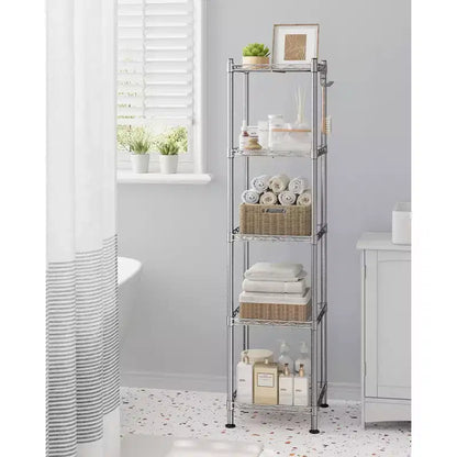 Scaffale da Bagno a 5 Ripiani con Rivestimenti in PP, Ganci Rimovibili e Design Estensibile