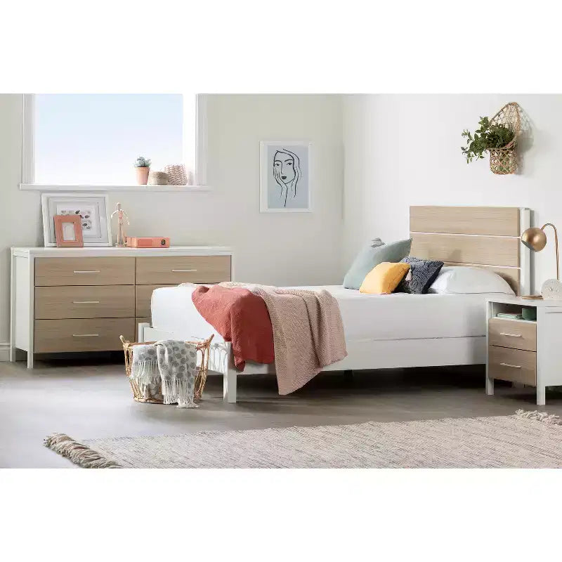 Testiera letto Monaco in stile minimalista, bianco e olmo chiaro