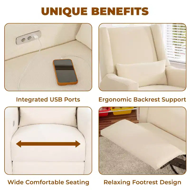 Poltrona reclinabile di lusso con movimento elettrico, ricarica USB, girevole e supporto lombare per il comfort della cameretta