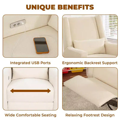 Poltrona reclinabile di lusso con movimento elettrico, ricarica USB, girevole e supporto lombare per il comfort della cameretta