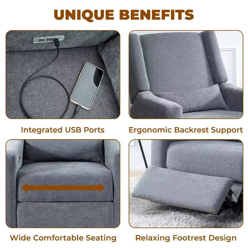 Poltrona reclinabile di lusso con movimento elettrico, ricarica USB, girevole e supporto lombare per il comfort della cameretta