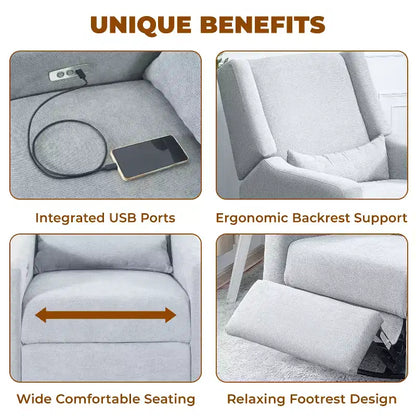 Poltrona reclinabile di lusso con movimento elettrico, ricarica USB, girevole e supporto lombare per il comfort della cameretta