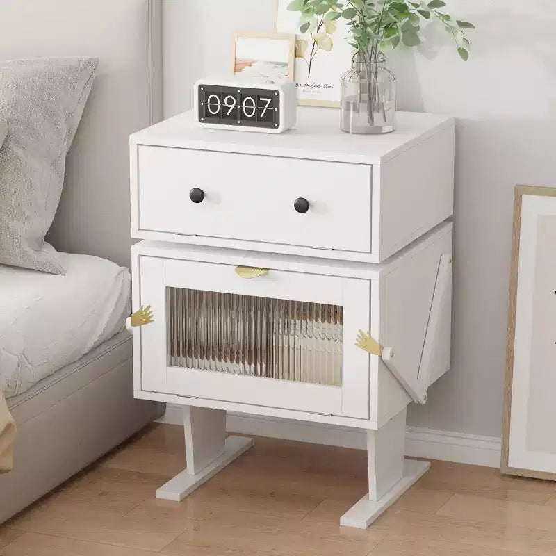 Comodino Girevole a 360° con Cassetto e Vetrina Trasparente