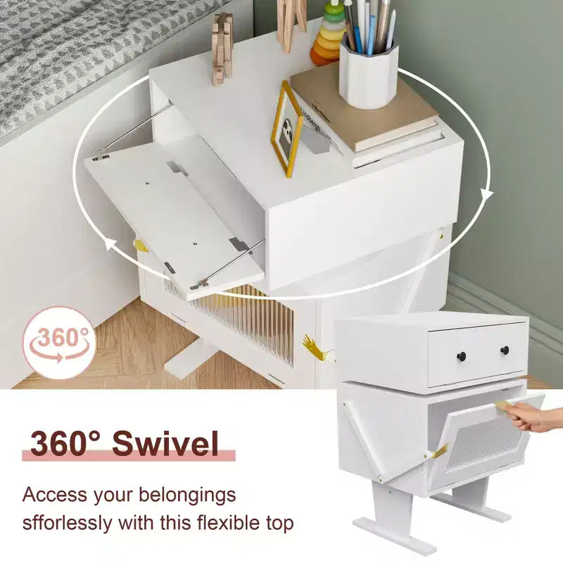 Comodino Girevole a 360° con Cassetto e Vetrina Trasparente
