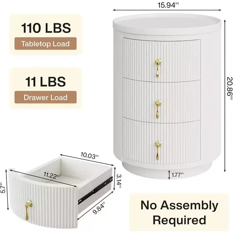 Comodino a 3 cassetti non assemblato con maniglie dorate, bianco, adatto per camera da letto e soggiorno