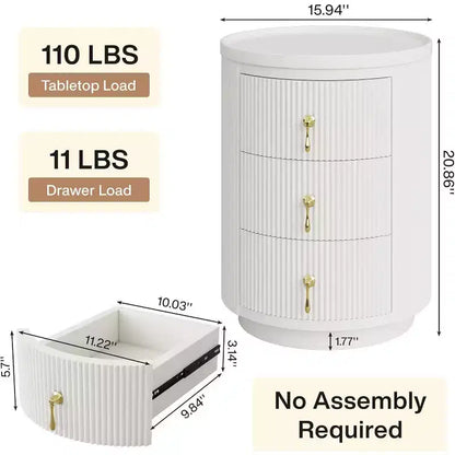 Comodino a 3 cassetti non assemblato con maniglie dorate, bianco, adatto per camera da letto e soggiorno