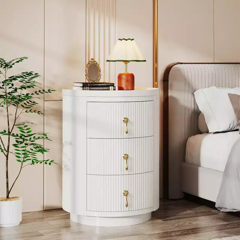 Comodino a 3 cassetti non assemblato con maniglie dorate, bianco, adatto per camera da letto e soggiorno