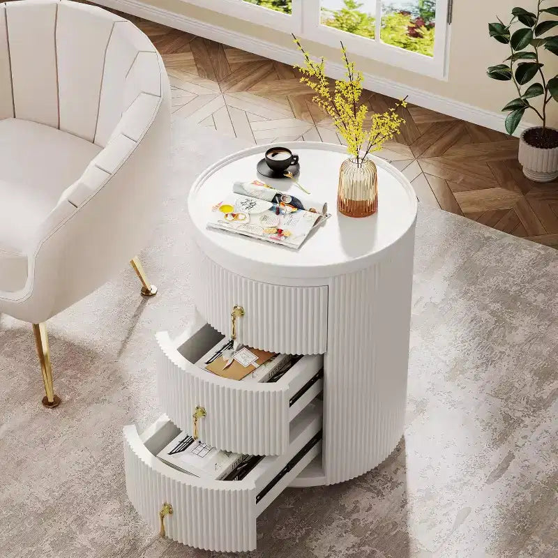 Comodino a 3 cassetti non assemblato con maniglie dorate, bianco, adatto per camera da letto e soggiorno