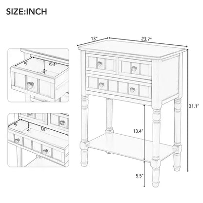 Tavolino Consolle Stretto Classico con 3 Cassetti Contenitori e Ripiano Inferiore, Legno di Pino, 23.7"L
