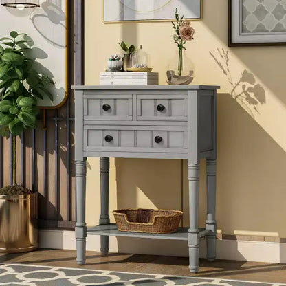 Tavolino Consolle Stretto Classico con 3 Cassetti Contenitori e Ripiano Inferiore, Legno di Pino, 23.7"L