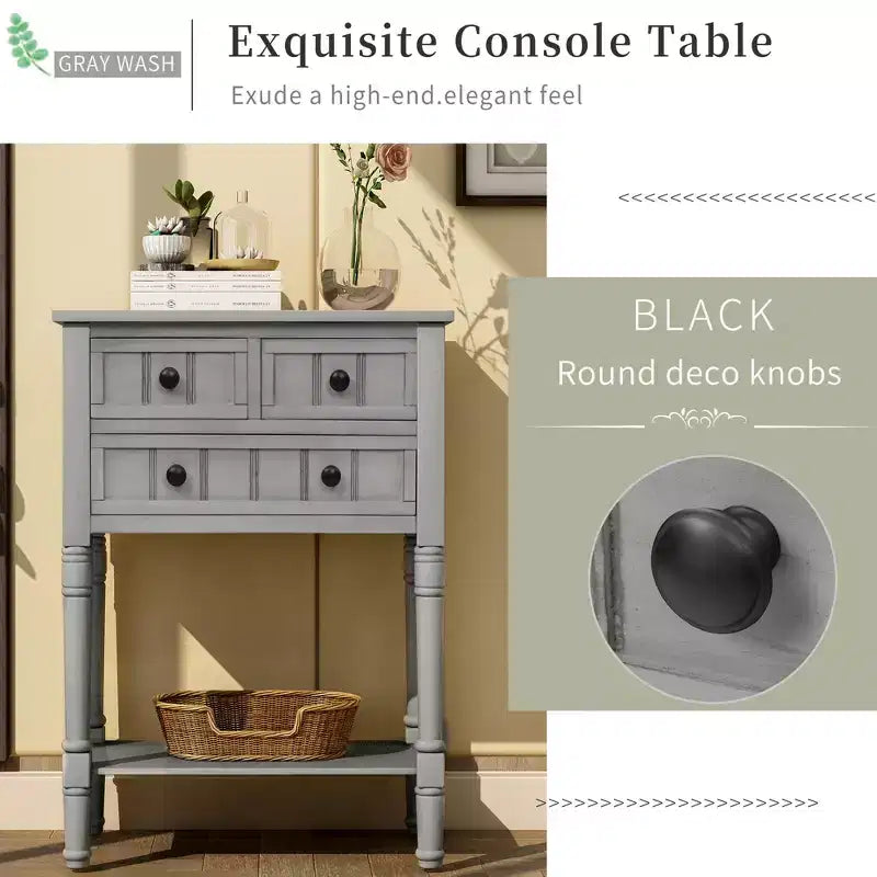 Tavolino Consolle Stretto Classico con 3 Cassetti Contenitori e Ripiano Inferiore, Legno di Pino, 23.7"L