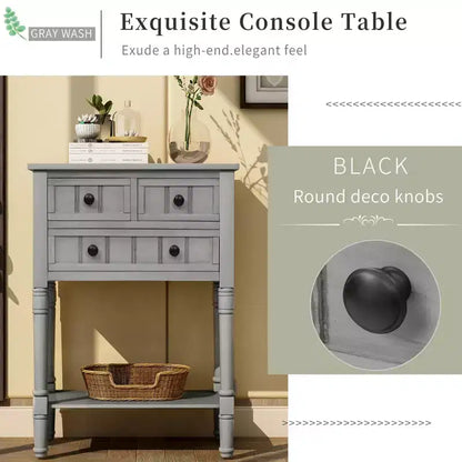 Tavolino Consolle Stretto Classico con 3 Cassetti Contenitori e Ripiano Inferiore, Legno di Pino, 23.7"L